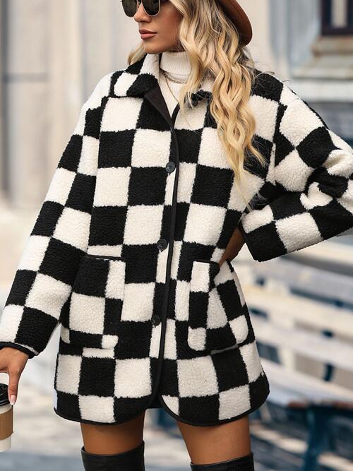 Jolene - Fluffy Checkered Button Closure Coat