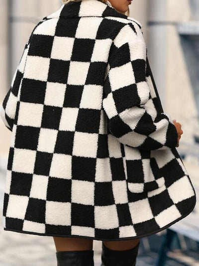 Jolene - Fluffy Checkered Button Closure Coat