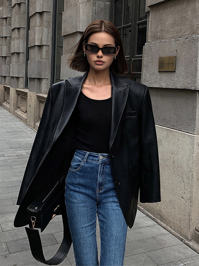 Flora - Leather Jacket with Lapel Pockets