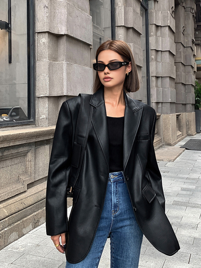Flora - Leather Jacket with Lapel Pockets