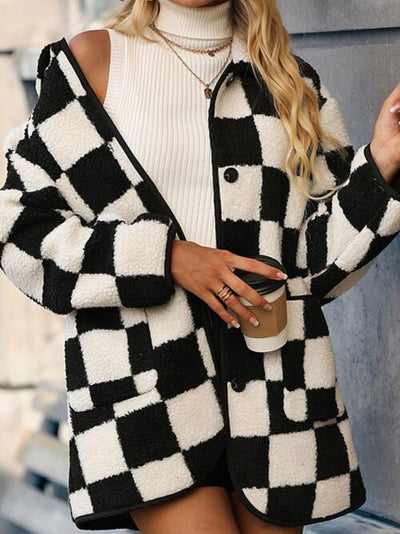 Jolene - Fluffy Checkered Button Closure Coat